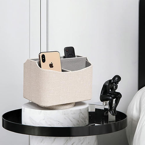 UnionBasic 360 Degree Rotating Desk Organizer, Spinning Caddy for TV Guide, Mail, Media, Remote Holder, Beige Leather