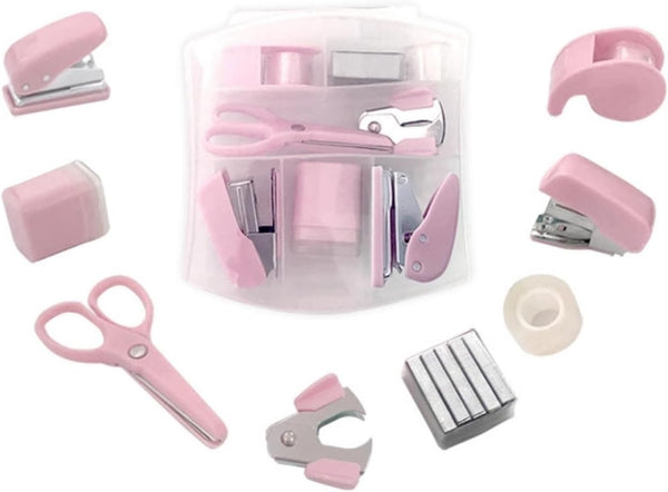 Mini Office Supply Kit Portable Case with Scissors, Mini Stapler, Tape Dispenser, Hole Puncher, Staples