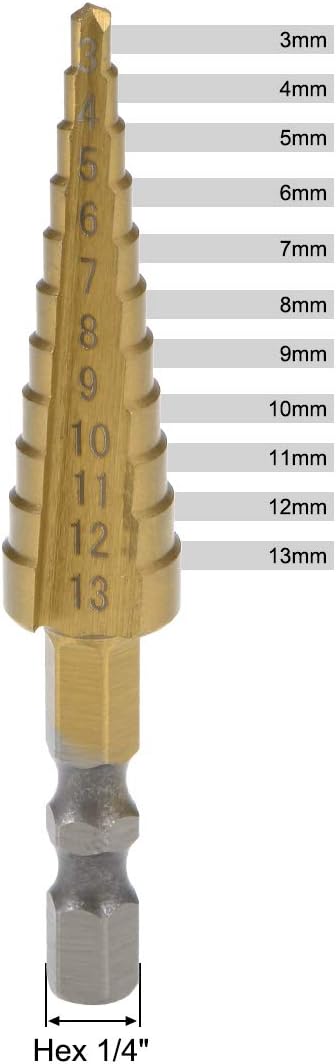 uxcell HSS Step Drill Bit 3mm to 13mm, 11 Sizes Titanium Coated for Metal Wood Plastic