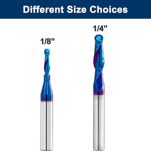 2 PCS Ball Nose Set CNC Router Bits, Carbide Ball Nose End Mill with Nano Blue Coating for Side Milling
