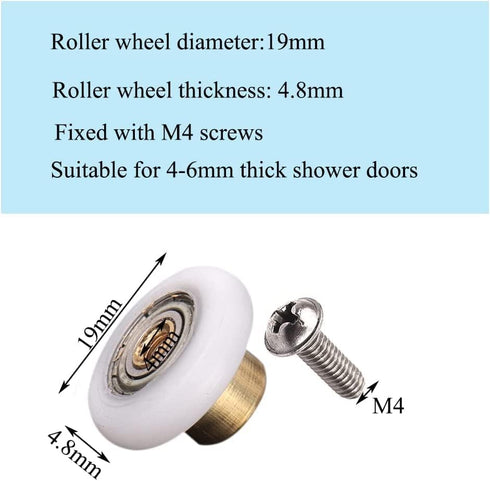 4X Replacement Shower Door Rollers/Runners/Wheels, 19mm Diameter