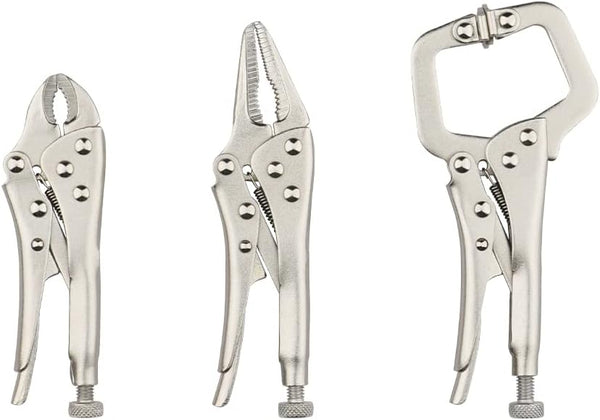 Hoteche 3pcs Mini Locking Plier Set, 5" C-Clamp, Long Nose, Round Jaw Versatile Tools for Grip and Secure