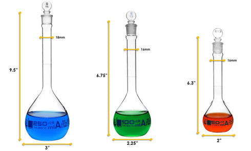 EISCO Premium Volumetric Flask Set - 50ml, 100ml & 250ml - Class A, ASTM E288 - Borosilicate 3.3 Glass with Penny
