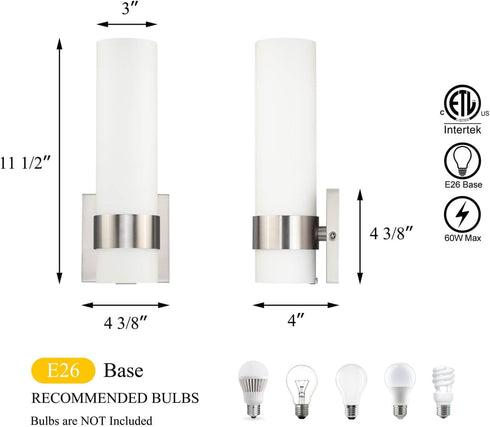 XiNBEi Lighting ADA Wall Sconce, Opal Cylinder Glass in Brushed Nickel, Bathroom Vanity Light for Living Room