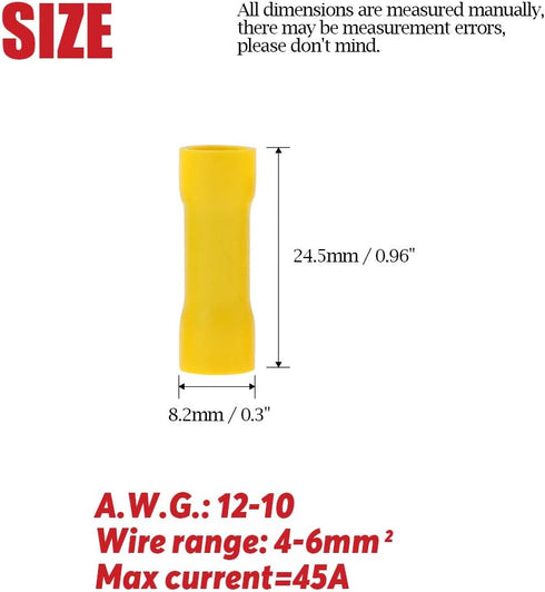 Hilitchi 100pcs Butt Insulated Splice Terminals, Electrical Wire Crimp Connectors, 12-10AWG, Yellow