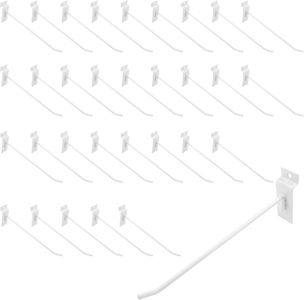 Waziaqoc 32PCS 8Inch Length White Slatwall Hooks, Heavy Duty Metal Display Panel Hooks for Garage & Shop Accessories