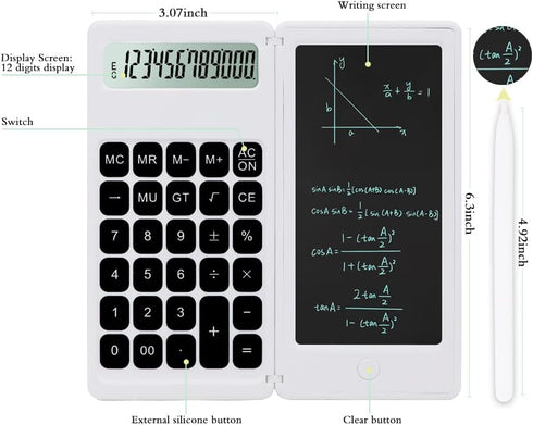 Desktop Calculator with Writing Screen, Large Display, and Quiet Design - Ideal for Students and Office Workers (White)