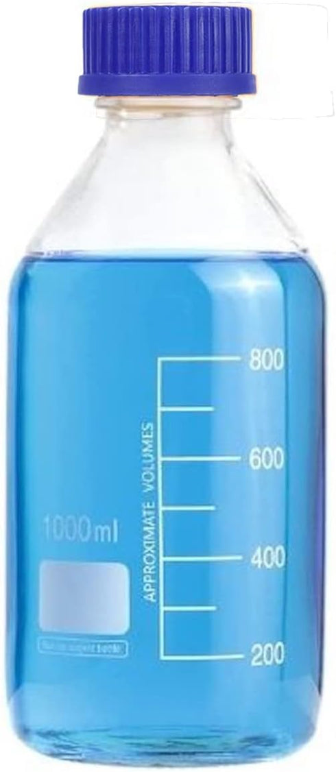 Lab Media Storage Round Bottles, Graduated Glass Container, GL45 Screw Cap, Multi-Purpose, Pack of 4 (Blue, 1000ml)