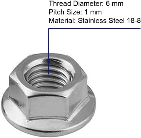 M6 Serrated Flange Nuts Flanged Locknuts, Stainless Steel 18-8 (304), Bright Finish, 50 PCS