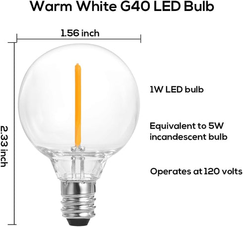 SUNTHIN 25 Pack G40 LED Bulbs, 1W LED Bulbs with E12 Base, 5 Watt Incandescent Bulbs Equivalent, Warm White 2700K, Replacement Bulbs for Globe String Lights, Indoor & Outdoor Use by SUNTHIN