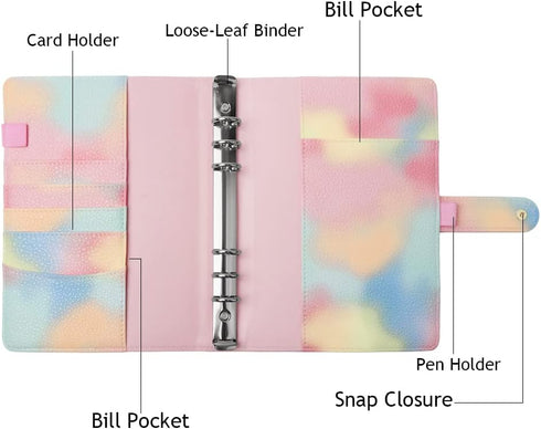Pink PU Leather Budget Binder Cover for A5 6-Ring Money Organizer, Refillable Loose Leaf Receipt Notebook with Card