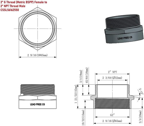 G Thread Female to NPT Male Pipe Fitting Adapter, Lead-Free Adapter (2 inch)