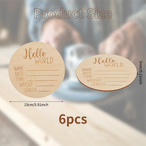 6PCS Hello World Wooden Birth Announcement Disc, Premium Birch Wood Round Plaque with Deep Etched Lettering, Newborn