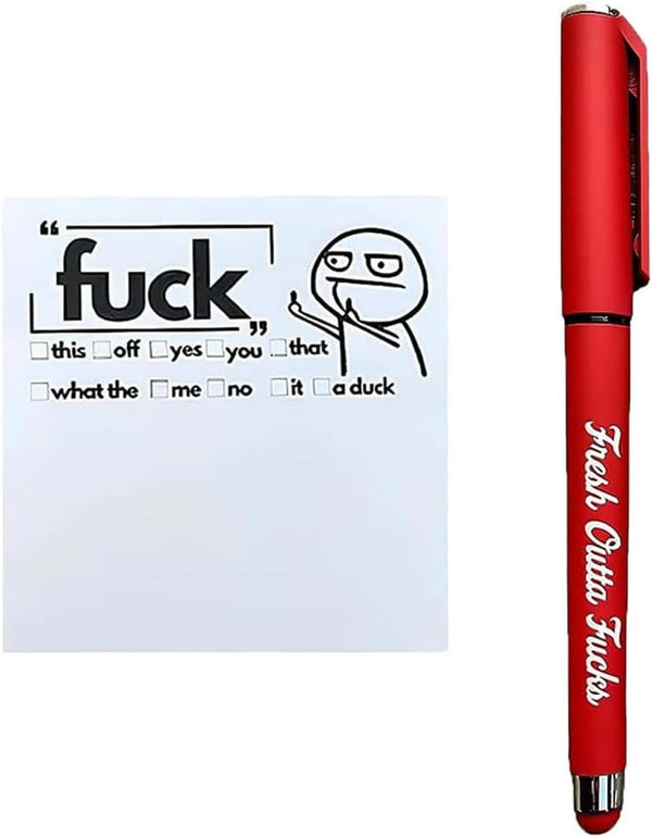 Fresh Outta Fucks Pad and Pen Set, Funny Sticky Notes and Pen, Novelty Gift for Friends, Fun Desk Accessory
