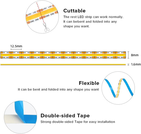 5V 3.28FT 320LEDs 3000K 8mm Dimmable 90+ 3M 3D BTF-LIGHTING FCOB COB FOB LED Strip Lights USB Powered Warm White Width
