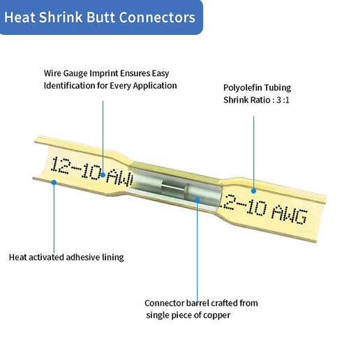 100 Pcs Yellow Heat Shrink Butt Connectors, 12-10 AWG Waterproof Crimp Terminals for Automotive, Marine Wiring