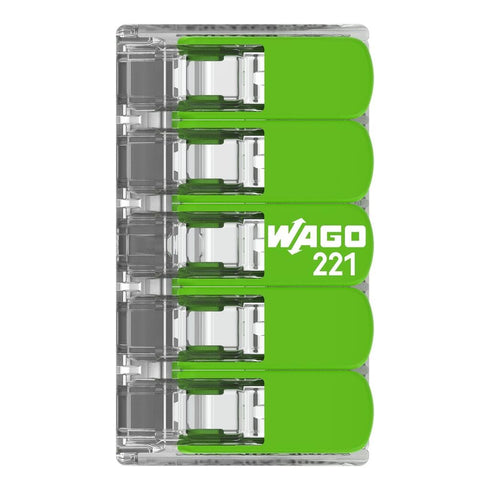 WAGO 221-425 Splicing Connector Green Range, 5-Conductor with levers for 24-12 AWG Conductors, Transparent housing (25