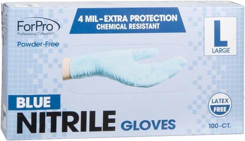 ForPro Professional Collection Disposable Nitrile Gloves, Chemical Resistant, Powder-Free, Latex-Free, Non-Sterile, Food Safe, 4 Mil, Blue, Large, 100-Count