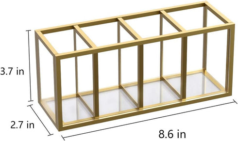 NIUBEE Acrylic Pen Holder, 4 Compartments, Gold Copper Border Pencil Organizer Cup for Desk Accessory Storage