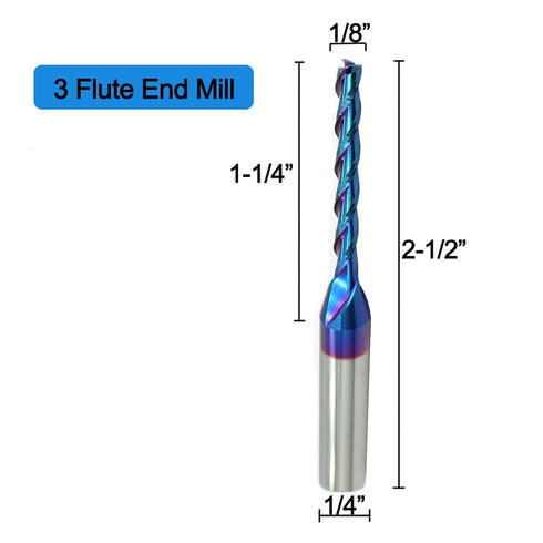 2 PCS CNC Router Bit 3 Flutes 1/8 inch Cutting Dia, 1/4 inch Shank, Extra Long Spiral Solid Carbide End Mill