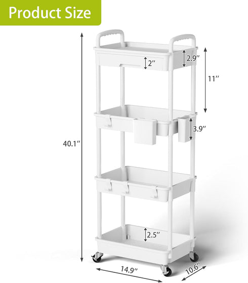 Sorgion 4 Tier Rolling Cart Organizer,Art Craft Diaper Bedside Snack Laundry Room Bathroom Organizer Narrow Thin Slim
