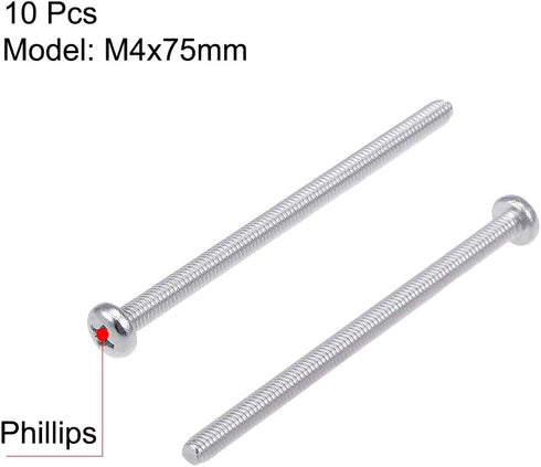uxcell M4x75mm Machine Screws, Pan Phillips Cross Head Screw, 304 Stainless Steel Fasteners, 10Pcs