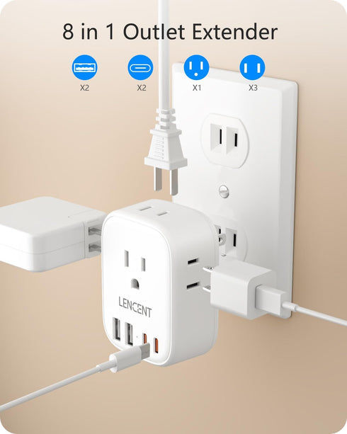 LENCENT 3 to 2 Prong Outlet Adapter, 2 Prong Outlet Extender with 4 AC Outlets 4 USB Charger Cube for Non-Grounded