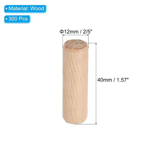PATIKIL Wooden Dowel Pins, 300 Pcs M12x40mm Fluted Groove Hardwood Pegs for Crafts, Furniture, Door Art