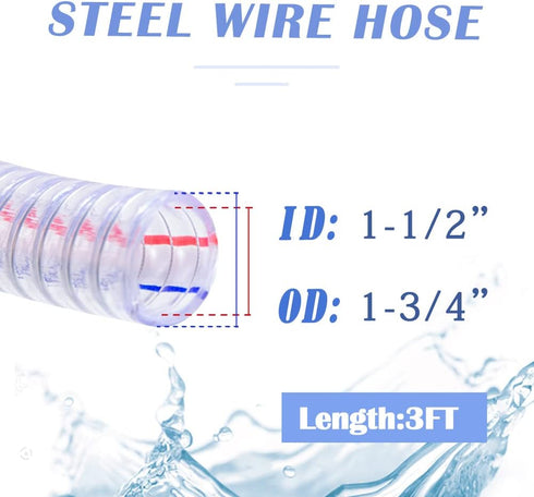 QuQuyi 1-1/2" ID x 1-3/4" OD, 3FT Steel Wire Hose PVC Vacuum Tubing with 2 Stainless Clamps