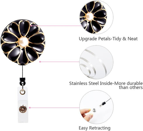 Retractable Badge Holder, ID Badge Reel with Pearl, 3 Pack, Black