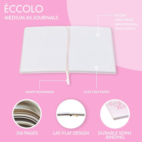 Eccolo Hey Bre Medium Lined Journal Notebook, A5 Writing Journal, Flexible Cover, 256 Ruled White Pages, Lay Flat,