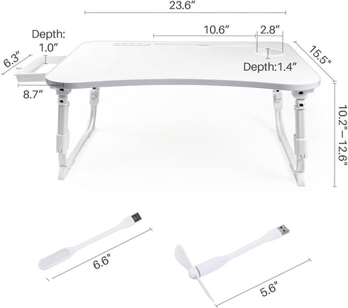 Height Adjustable Laptop Desk for Bed, Foldable Portable Bed Table with USB, Storage Drawer, Cup Holder, White