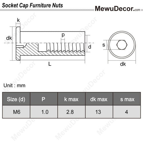 MewuDecor M6 35mm 18-8 (304), 10 x Socket Cap Furniture Bolts with Barrel Nuts for Furniture Cots Beds Crib and Chairs