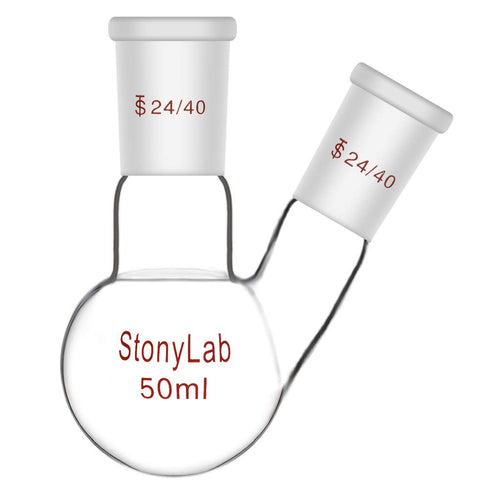 StonyLab 50ml Heavy Wall 2 Neck Round Bottom Flask with 19/22 Center and Side Standard Taper Joint