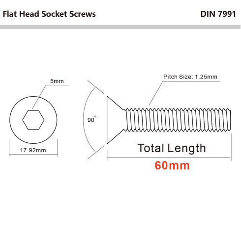 M8-1.25 x 60mm Flat Head Socket Cap Screws, 10 PCS Countersunk Bolts, Alloy Steel Grade 10.9, Fully Threaded, Allen