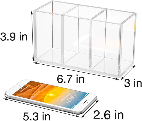 NIUBEE Acrylic Pen Holder, 3 Compartments Clear Pencil Organizer Cup for Desk Accessory Storage