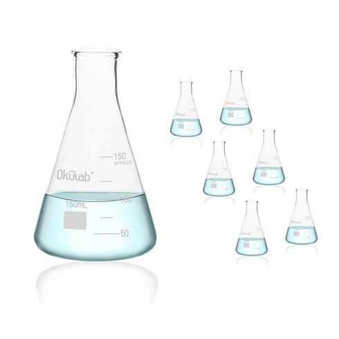 Conical Flask Set, 150mL Glass Erlenmeyer Flasks, Narrow Mouth, 3.3 Borosilicate Glass (case of 6)