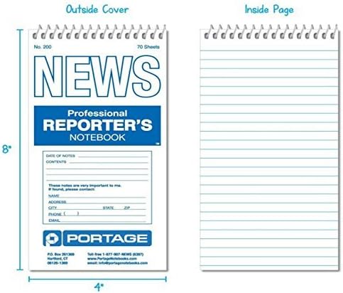 Portage Reporters Notebook, Top Bound Spiral Pocket Notepad, 4 x 8 In, Gregg Ruled 11/32", 70 Sheets, 140 Pg, Perfect