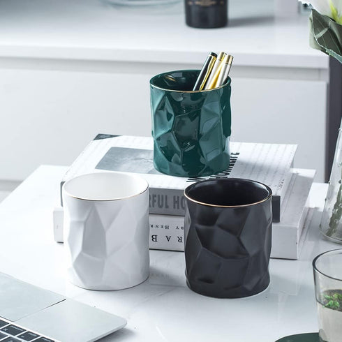 Ceramic Irregular Round Pen Holder for Desk, Cute Stand Gold Line Pencil Cup Pot Organizer for Girls Makeup