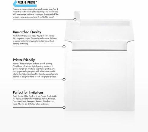LUXPaper Square Invitation Envelopes | 6 1/4" x 6 1/4" | Peel & Press | White Linen | 80lb Text | 50 Qty