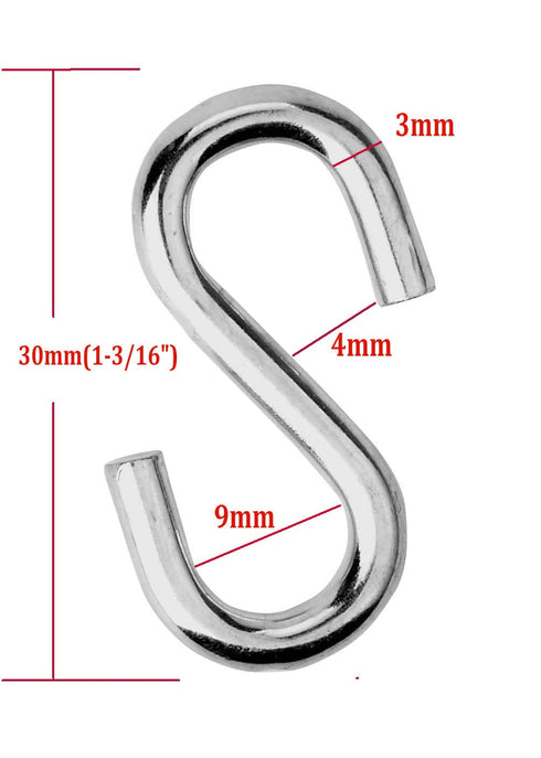 JY-MARINE 316 Hammock 30mm 3mm Thickness,12pieces S Hooks Stainless Steel Marine Grade Heavy Duty S Shaped Hooks Metal