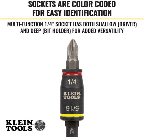 Klein Tools 32768 Impact Driver Set, 3-in-1 SAE Impact Socket and Bit Holder, Flip Socket with 1/4 and 5/16 Nut Driver