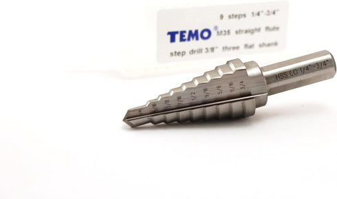 TEMO M35 Cobalt Double Flute Step Drill, 9 Size, 1/4 Inch To 3/4 Inch, 3/8 Inch Shank