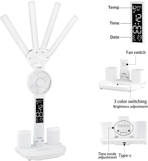 niccryle 3 Dimmable Foldable Led Desk Lamp with Fan Clock Light Study, Lighting Modes, Adjustable Table Lamp Eye Caring