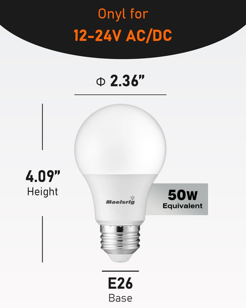 12V LED Bulb 6W(50W Equivalent), Daylight 5000K, 12V-24V AC/DC, 600 Lumens, Non-Dimmable, A19 12V DC LED Light Bulbs, E26 Base, Pack of 6 by Maelsrlg