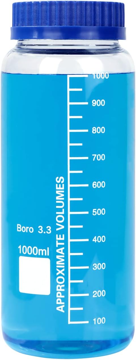 Moonetto 2 Pack 1000 mL Wide Mouth Graduated Round Borosilicate Glass Bottle with GL70 Blue Polypropylene Screw Cap