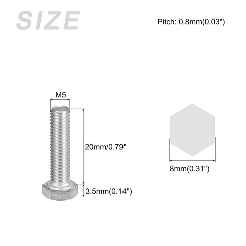 Hex Bolts (M5-0.8x20mm) 20Pcs, Fully Threaded Coarse Hex Head Screw Bolt Machine Screws - 304 Stainless Steel, Silver