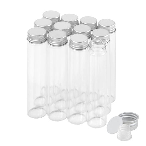 30ml Glass Clear Test Tubes with Screw Caps and Plastic Stoppers, Leak-Proof Flat Test Tubes, 12PCS