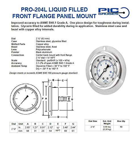 PIC Gauges PRO-204L-254R Panel Mount Front Flanged Glycerin Filled Industrial Pressure Gauge, 2.5" Dial