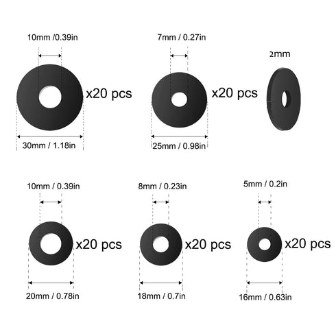 100 Pcs Black Flat Rubber Washers Assortment Kit, 16/18/20/25/30mm Heavy Duty Rubber Washers Rubber Grommet Vibration Damping Pads for Shower Head Garden Faucet Plumbing Washers Repair (5 Sizes)